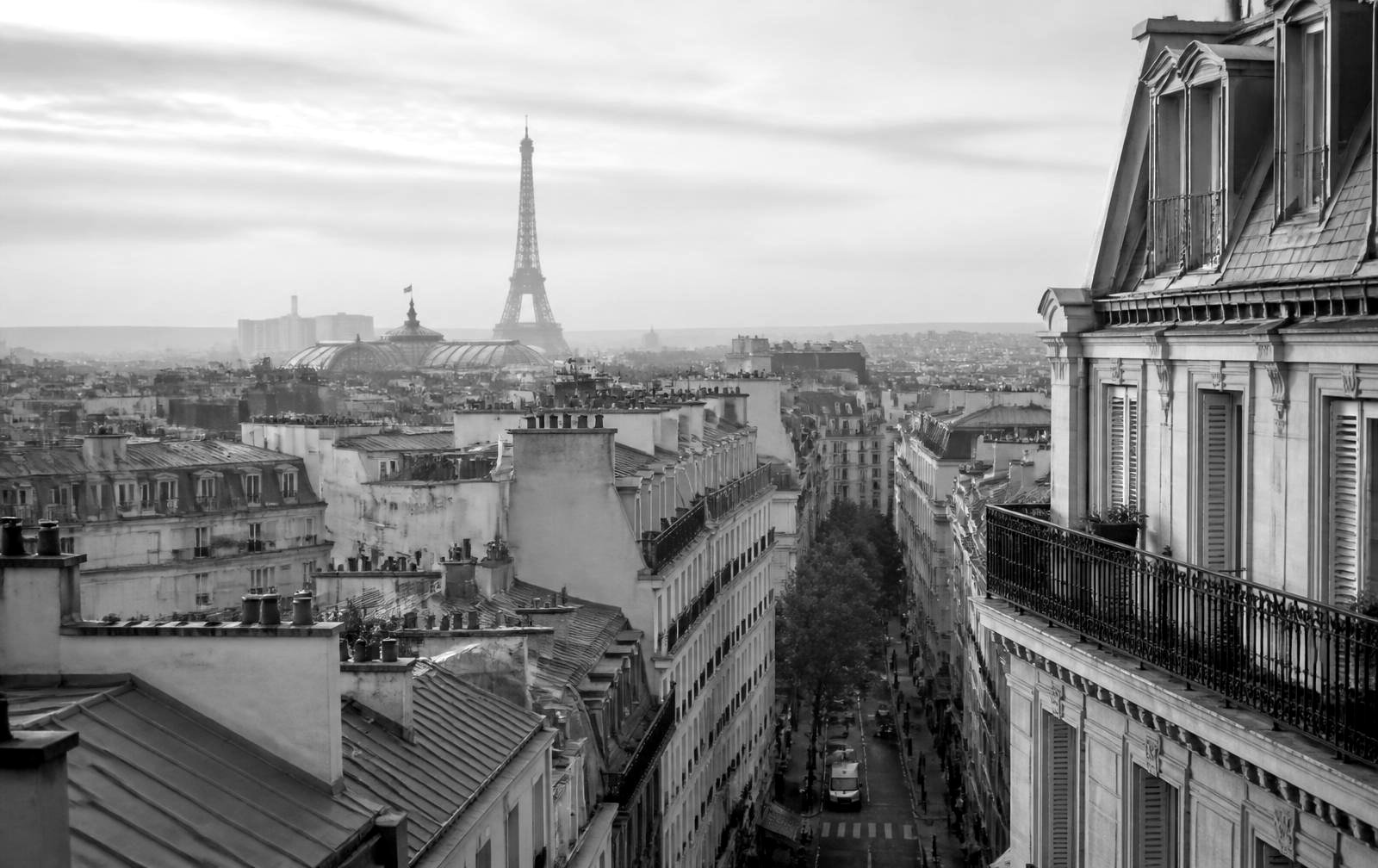 Toits haussmanniens de Paris et tour Eiffel dans la brume matinale